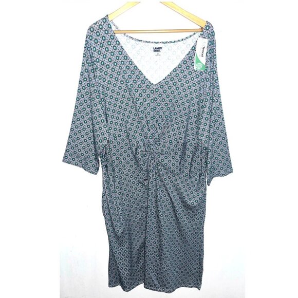 LANDS END Blue & Green Floral Tencel Twist Front A-Line Midi Dress Size 2X NWT - Picture 1 of 6